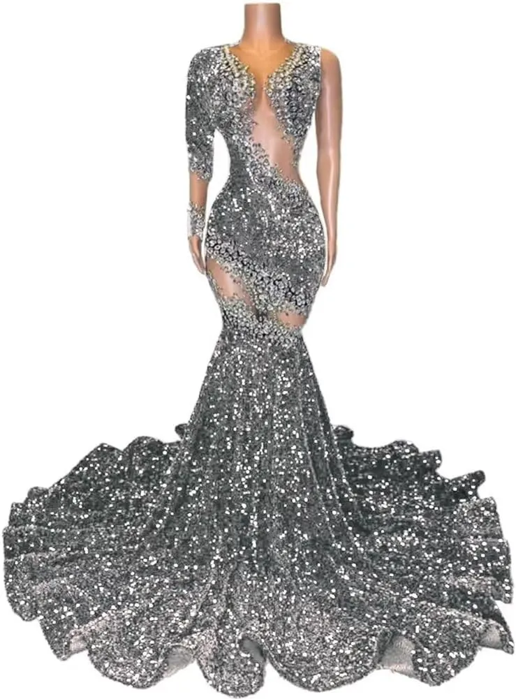 Women's One Shoulder Sparkly Crystal Tulle Dress Sun Ball Mermaid Sequin Party Evening Gown Celebrity Pageant Prom Dress