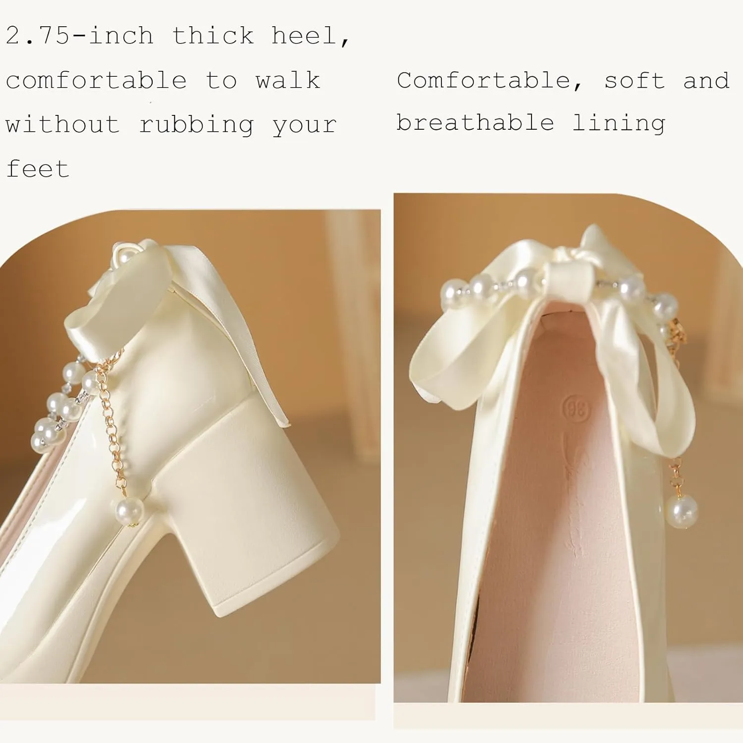 Women's Patent Leather Chunky Heel Formal Pumps with Pearl Chain Stylish Closed Round Toe Block Heel Slip-On Work Wedding Mary Jane Shoes for Business Wedding Walking