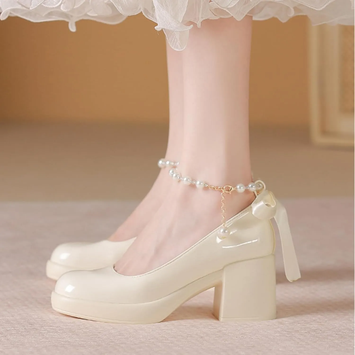 Women's Patent Leather Chunky Heel Formal Pumps with Pearl Chain Stylish Closed Round Toe Block Heel Slip-On Work Wedding Mary Jane Shoes for Business Wedding Walking