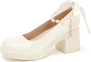 Women's Patent Leather Chunky Heel Formal Pumps with Pearl Chain Stylish Closed Round Toe Block Heel Slip-On Work Wedding Mary Jane Shoes for Business Wedding Walking