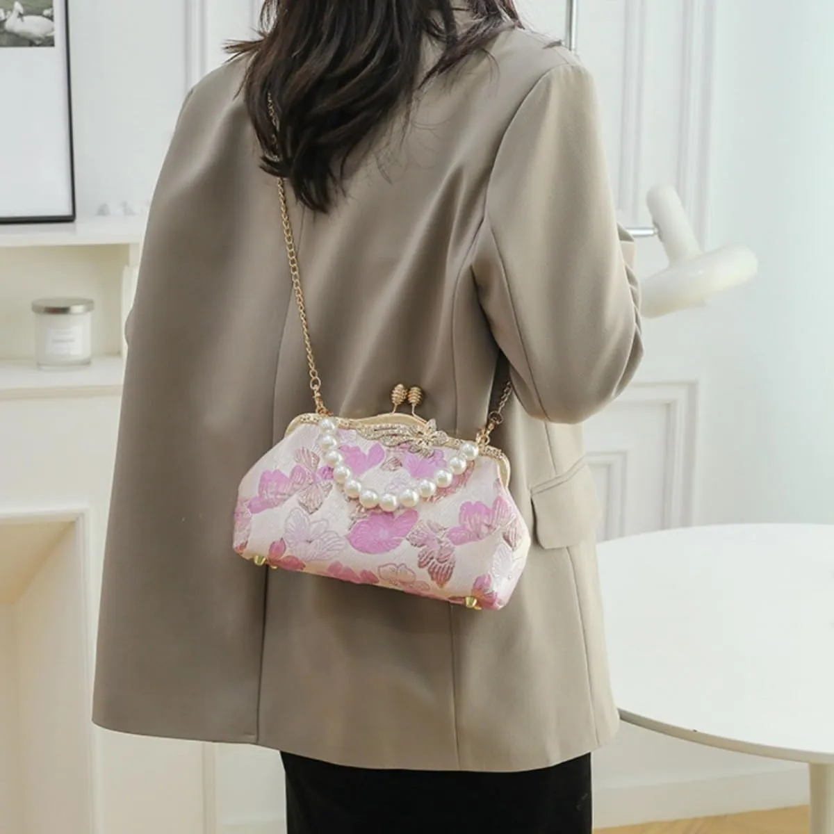 Women's Phalaenopsis Floral Pearl Evening Purse Pearl Shoulder Crossbody Bags for Wedding Party Everyday Outfits