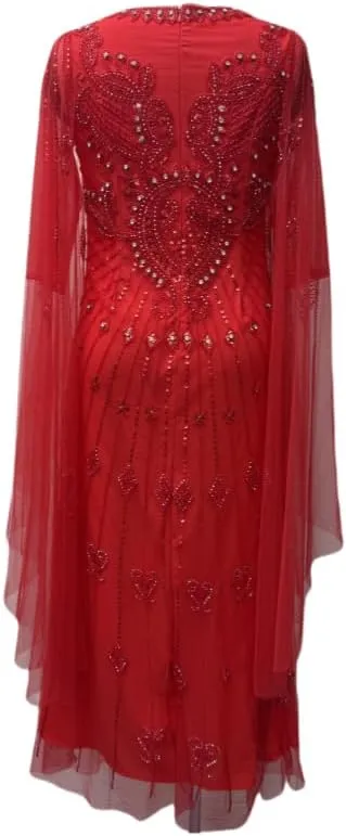 Womens Plus Size Lace Beaded Dress Elegant Wrap Round Neck Long Sleeve Flowing A-Line Banquet Evening Gown
