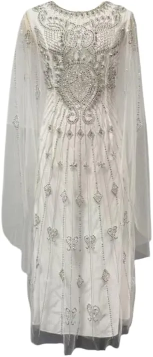 Womens Plus Size Lace Beaded Dress Elegant Wrap Round Neck Long Sleeve Flowing A-Line Banquet Evening Gown