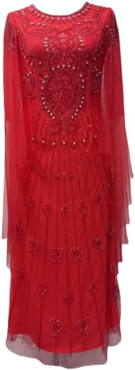 Womens Plus Size Lace Beaded Dress Elegant Wrap Round Neck Long Sleeve Flowing A-Line Banquet Evening Gown