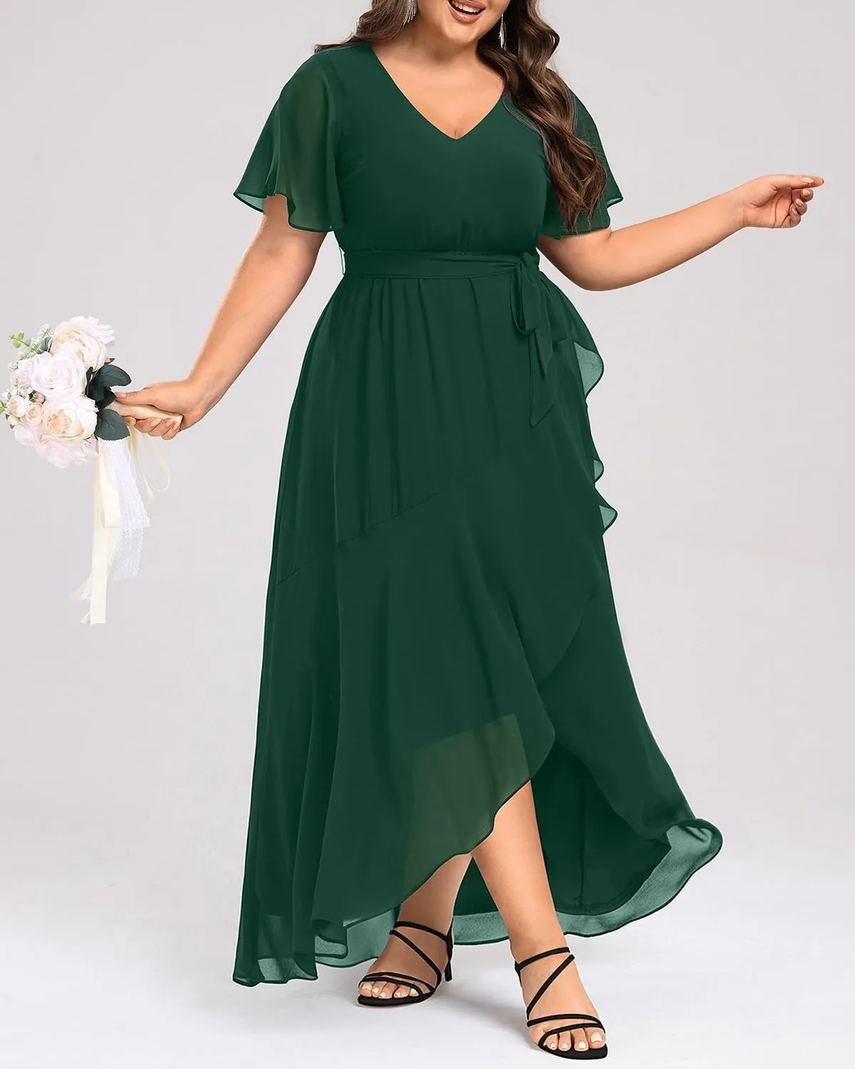 Womens Plus Size Long Dress Chiffon High Low Split Ruffle Evening Bridesmaid Wedding Guest Formal Maxi Dresses