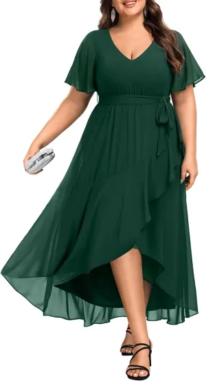 Womens Plus Size Long Dress Chiffon High Low Split Ruffle Evening Bridesmaid Wedding Guest Formal Maxi Dresses