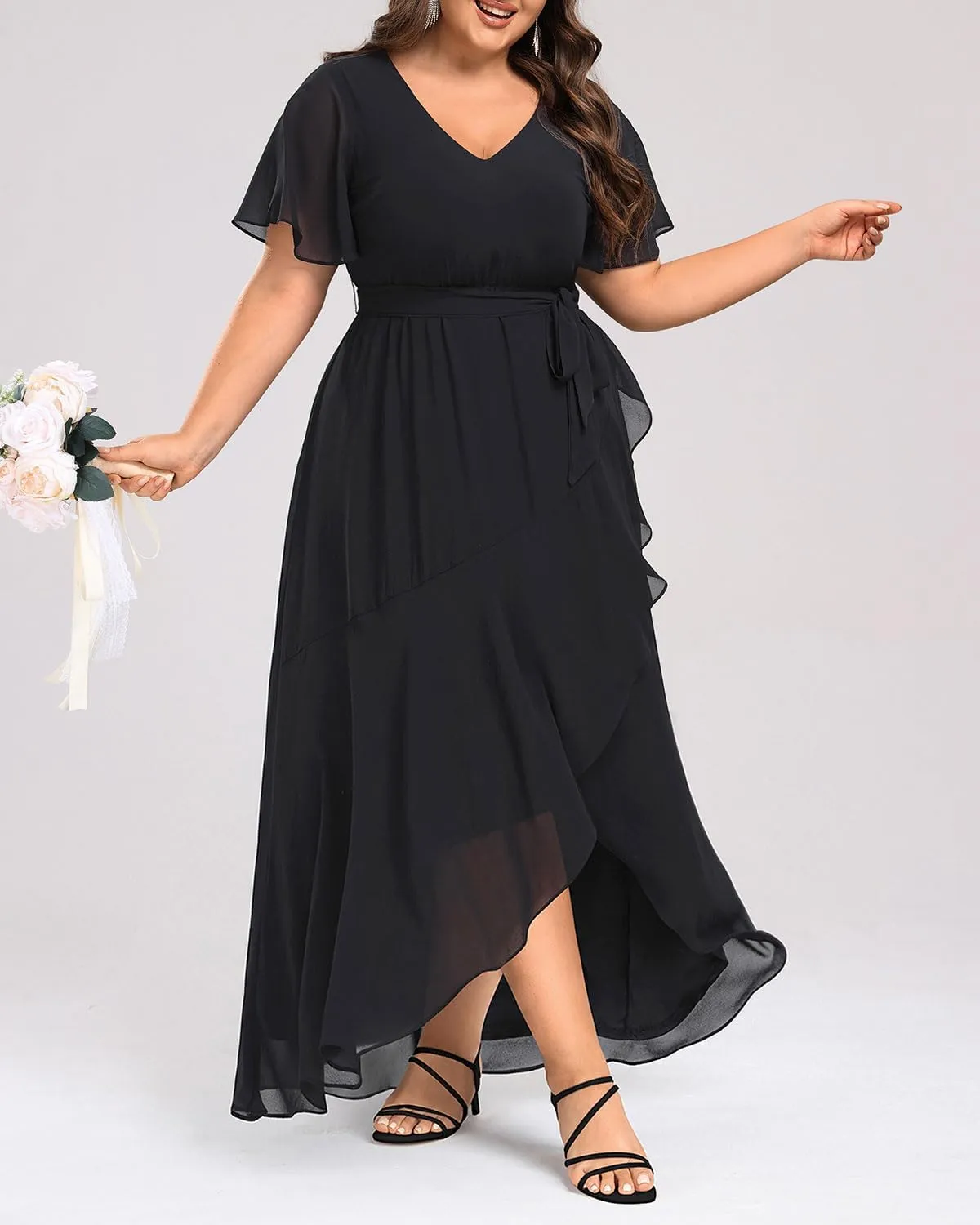 Womens Plus Size Long Dress Chiffon High Low Split Ruffle Evening Bridesmaid Wedding Guest Formal Maxi Dresses