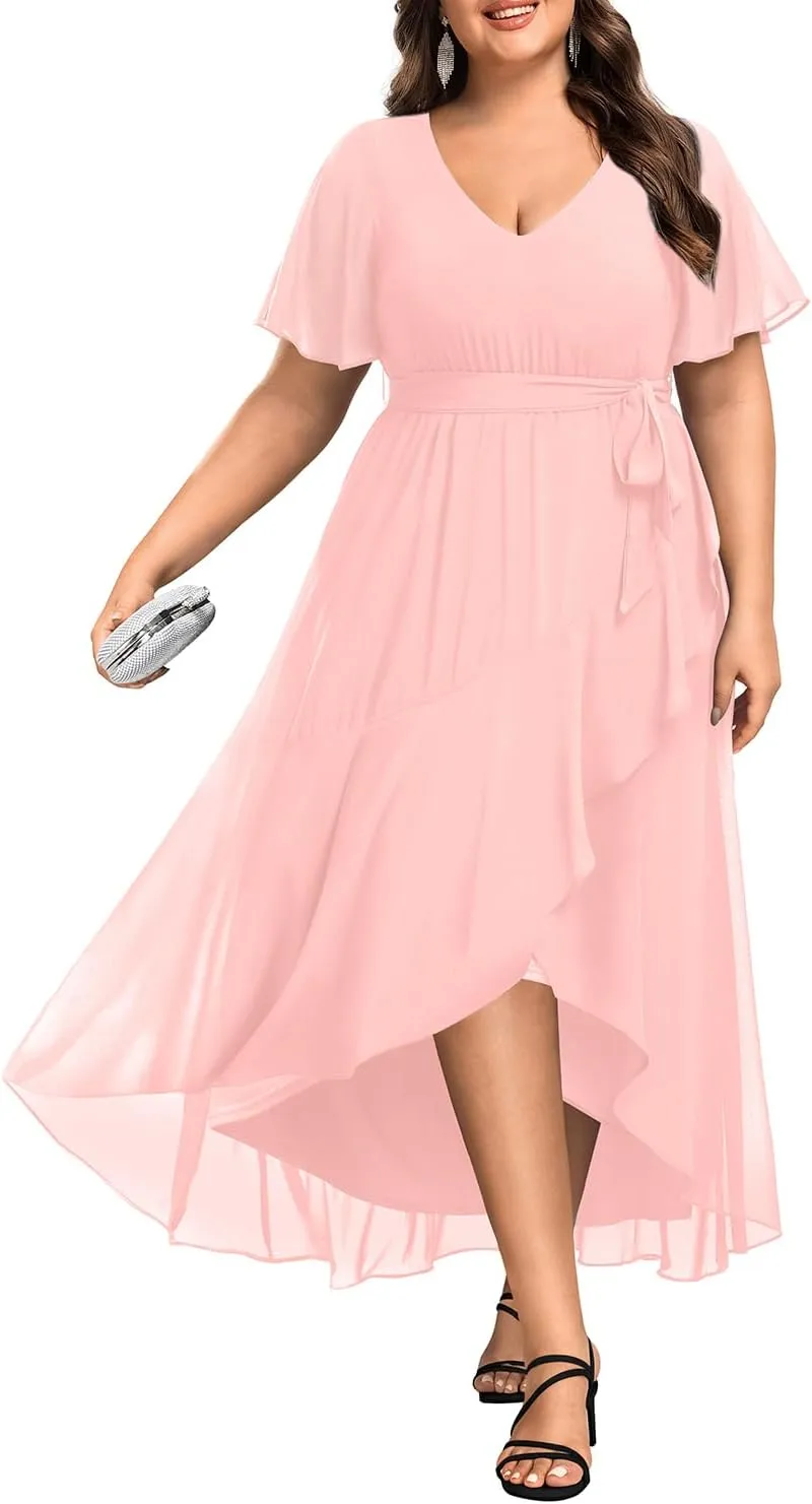 Womens Plus Size Long Dress Chiffon High Low Split Ruffle Evening Bridesmaid Wedding Guest Formal Maxi Dresses