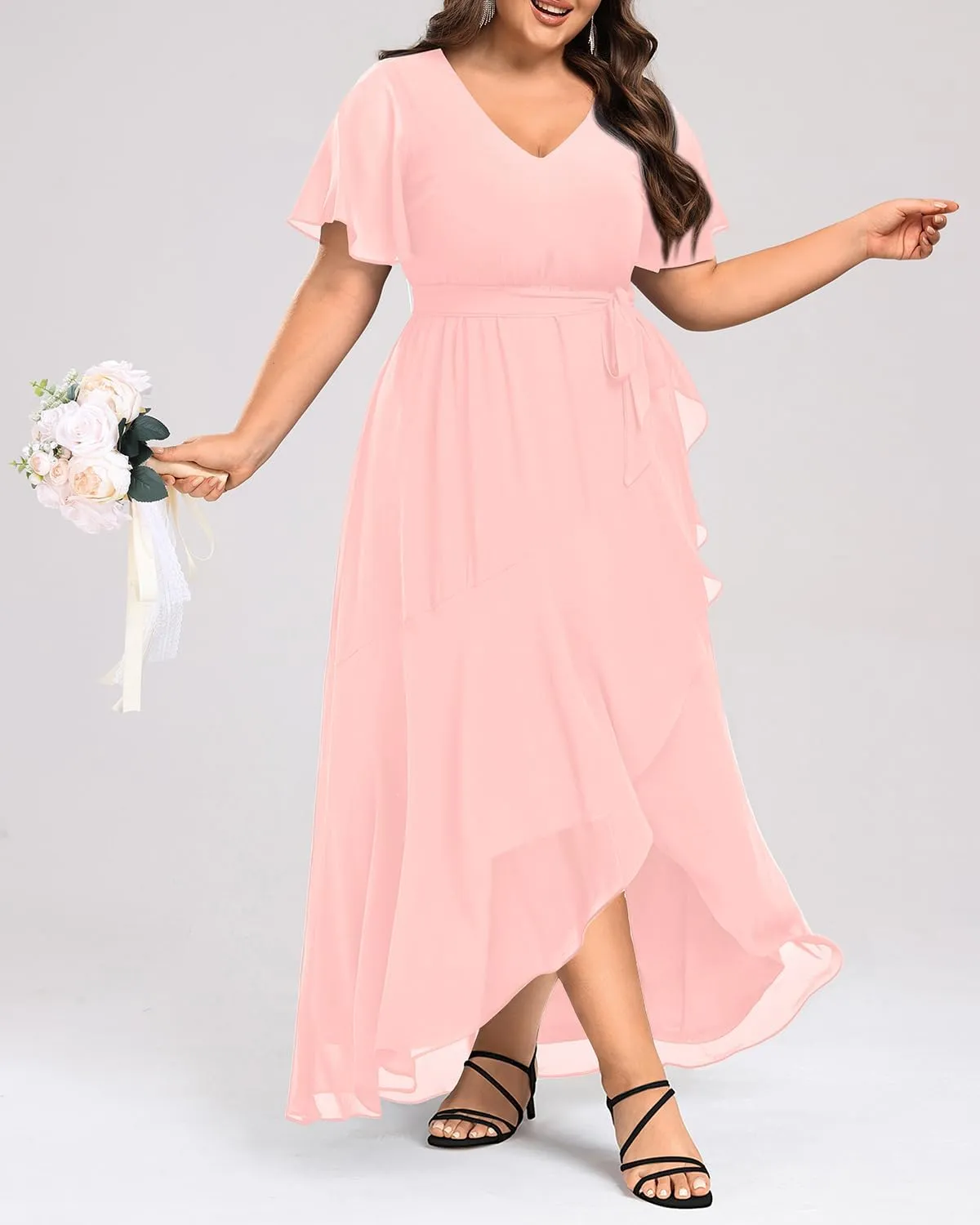 Womens Plus Size Long Dress Chiffon High Low Split Ruffle Evening Bridesmaid Wedding Guest Formal Maxi Dresses