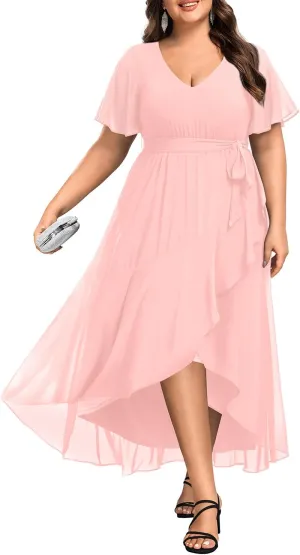 Womens Plus Size Long Dress Chiffon High Low Split Ruffle Evening Bridesmaid Wedding Guest Formal Maxi Dresses
