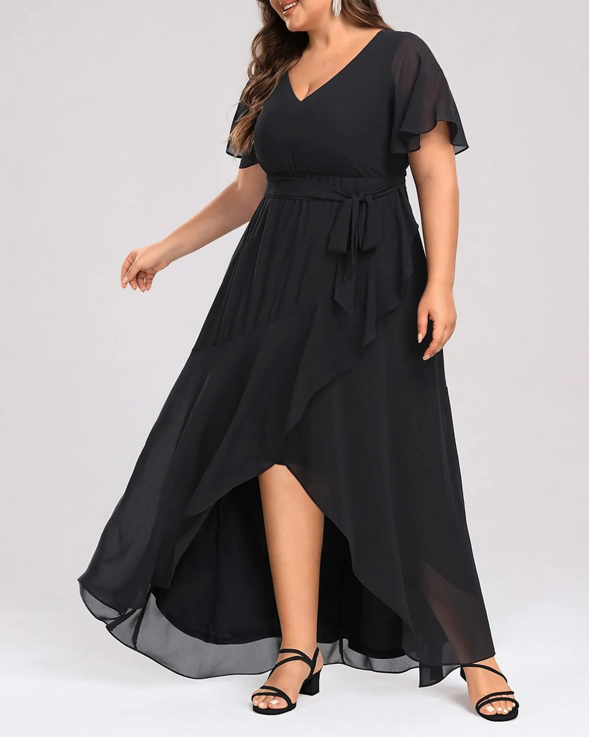 Womens Plus Size Long Dress Chiffon High Low Split Ruffle Evening Bridesmaid Wedding Guest Formal Maxi Dresses