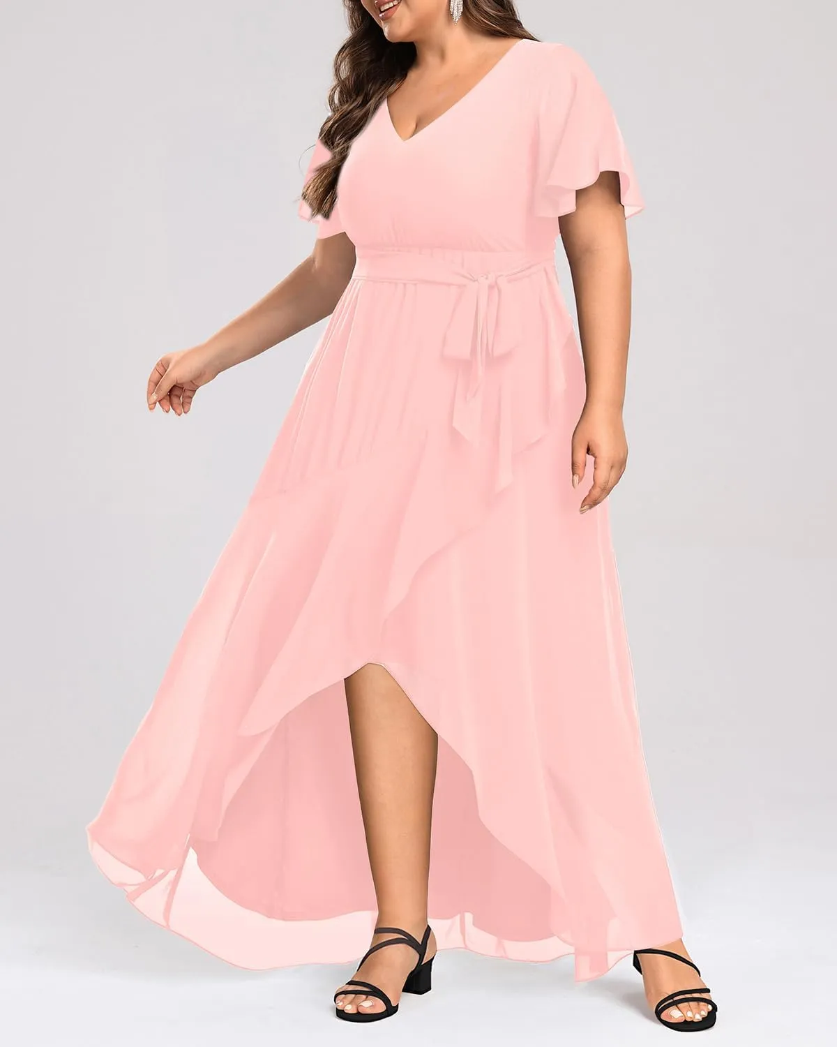 Womens Plus Size Long Dress Chiffon High Low Split Ruffle Evening Bridesmaid Wedding Guest Formal Maxi Dresses