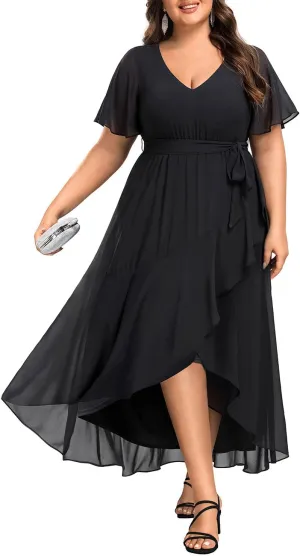 Womens Plus Size Long Dress Chiffon High Low Split Ruffle Evening Bridesmaid Wedding Guest Formal Maxi Dresses
