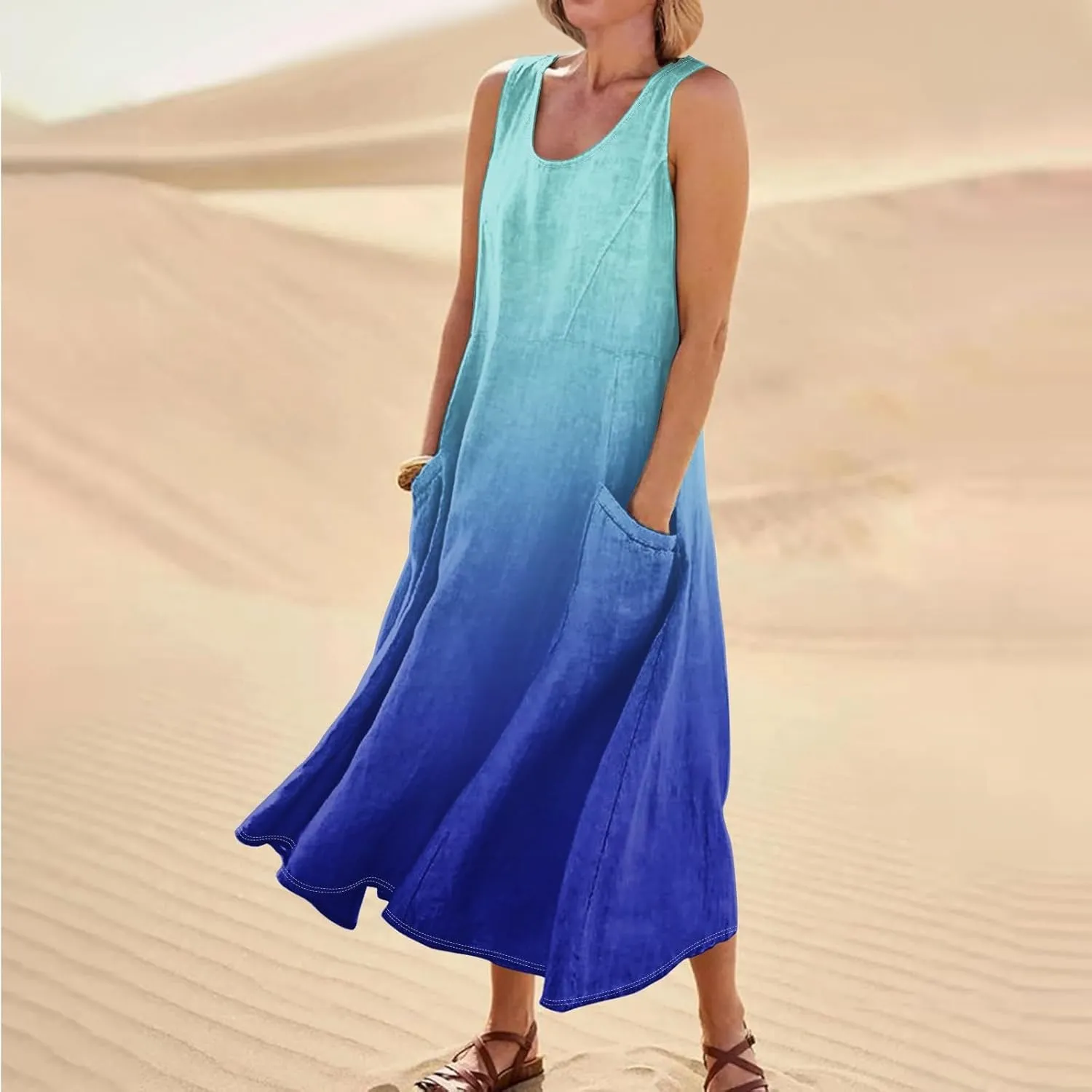 Womens Plus Size Summer Dresses 2025 Gradient Ombre Trendy Casual Vacation Sleeveless Boho Tank Midi Pockets Sundresses