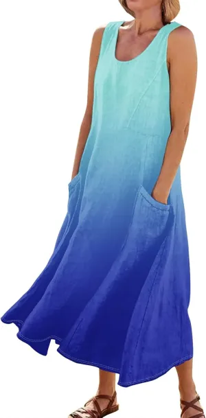 Womens Plus Size Summer Dresses 2025 Gradient Ombre Trendy Casual Vacation Sleeveless Boho Tank Midi Pockets Sundresses