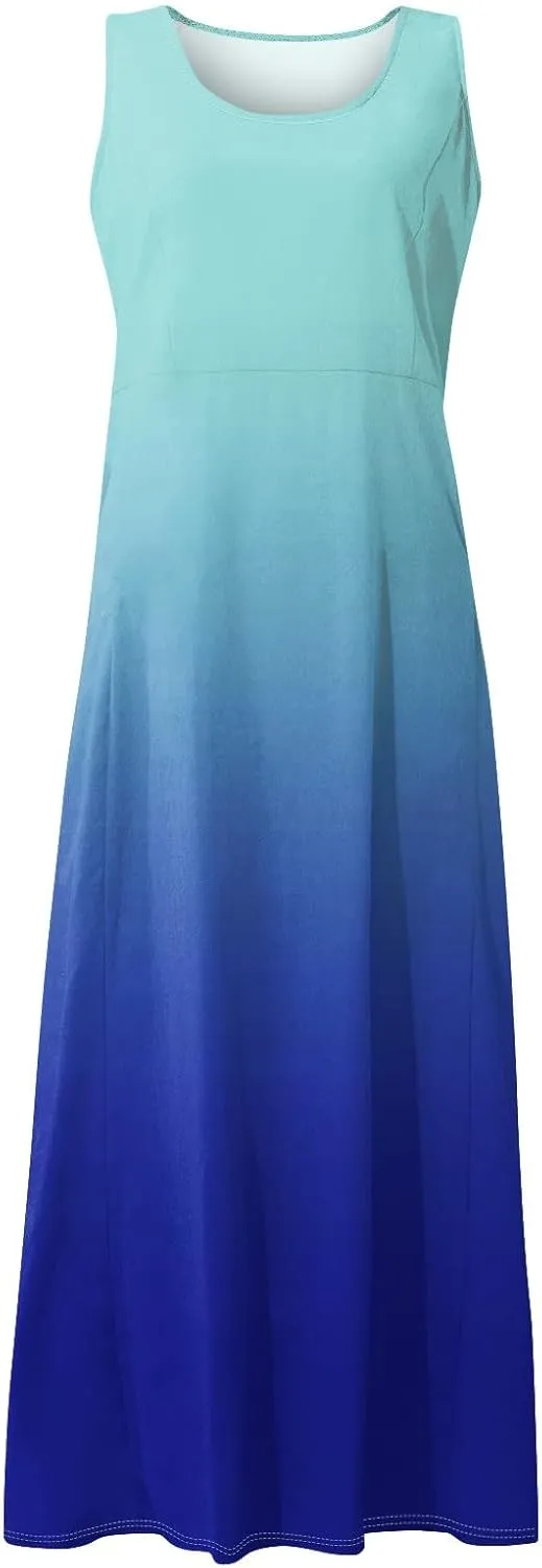 Womens Plus Size Summer Dresses 2025 Gradient Ombre Trendy Casual Vacation Sleeveless Boho Tank Midi Pockets Sundresses