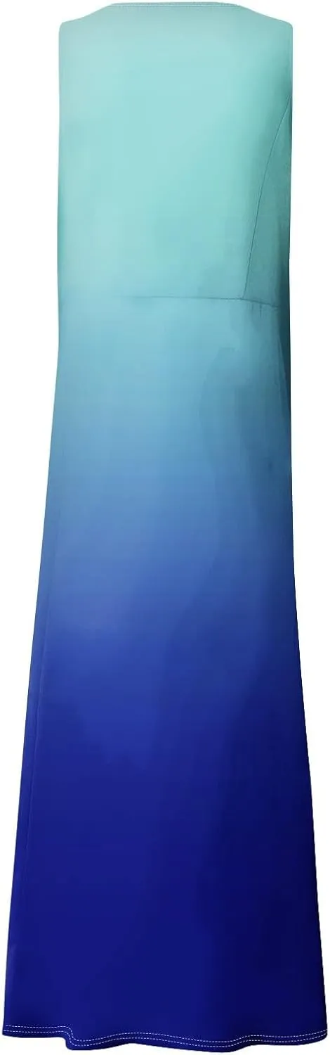 Womens Plus Size Summer Dresses 2025 Gradient Ombre Trendy Casual Vacation Sleeveless Boho Tank Midi Pockets Sundresses