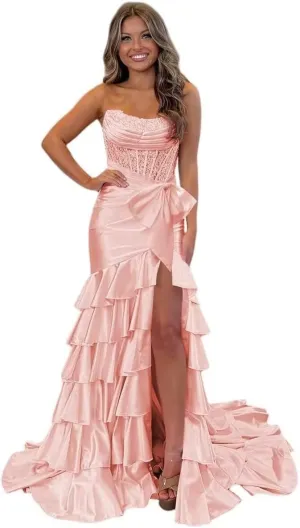 Womens Satin Sequin Tiered Strapless Prom Dress Long with Bow 2025 Mermaid Cowl Neck Formal Gowns with Slit