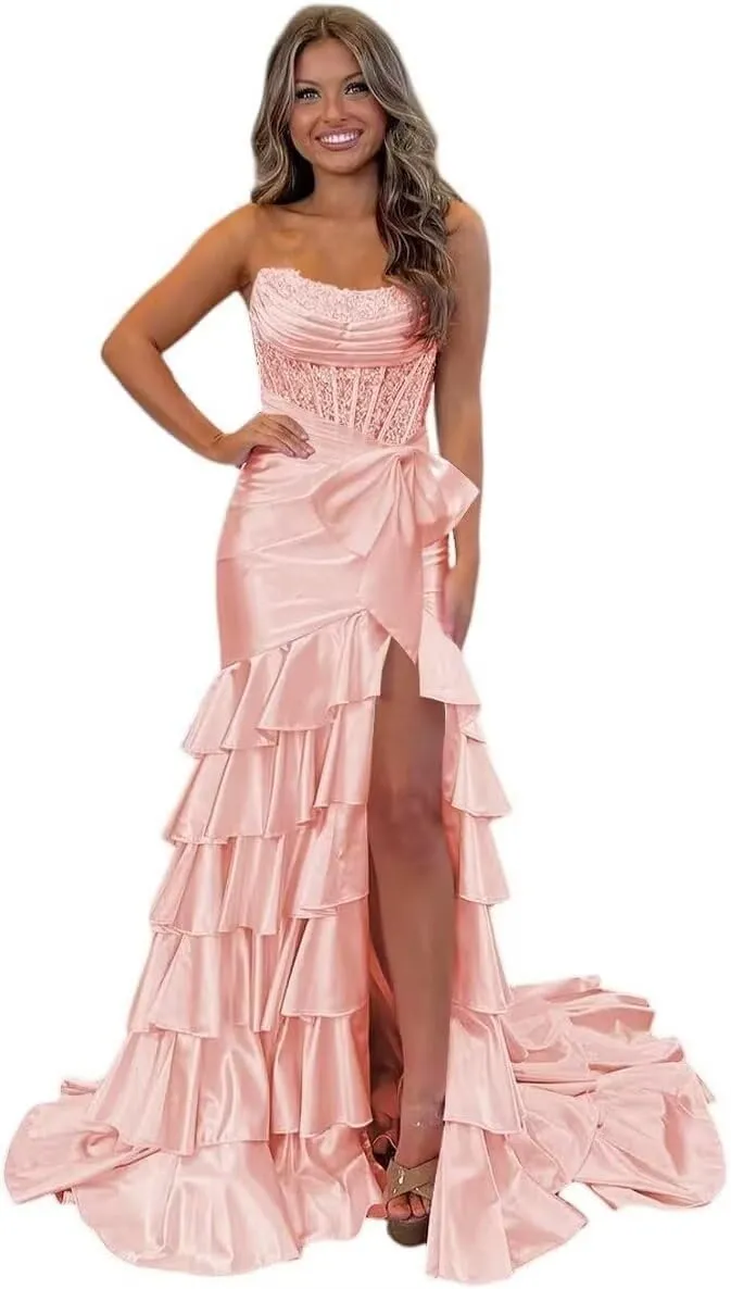 Womens Satin Sequin Tiered Strapless Prom Dress Long with Bow 2025 Mermaid Cowl Neck Formal Gowns with Slit