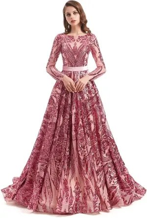 Women's Sequin Long Sleeves Formal Evening Dress Luxurious Chapel Train Prom Party Gowns