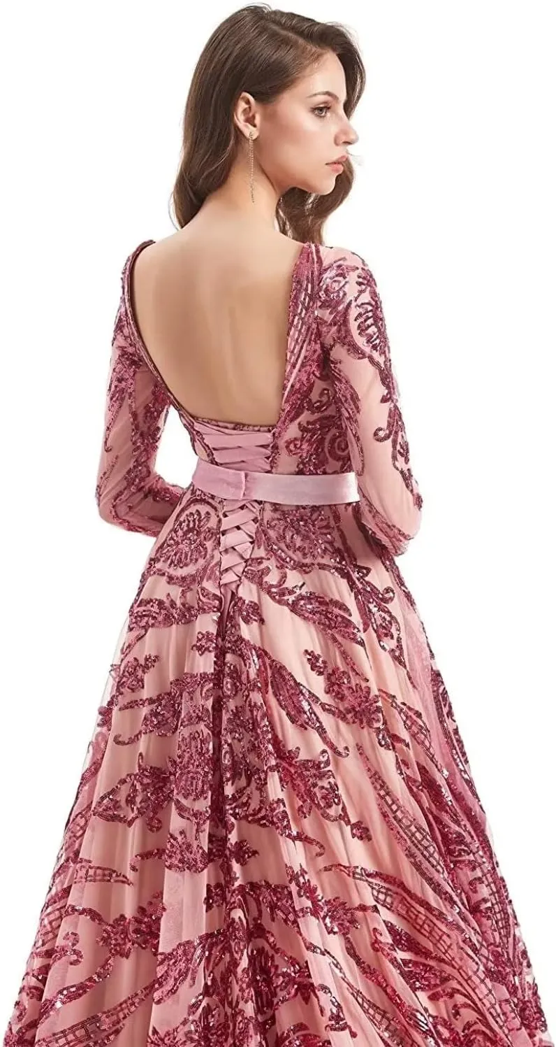 Women's Sequin Long Sleeves Formal Evening Dress Luxurious Chapel Train Prom Party Gowns