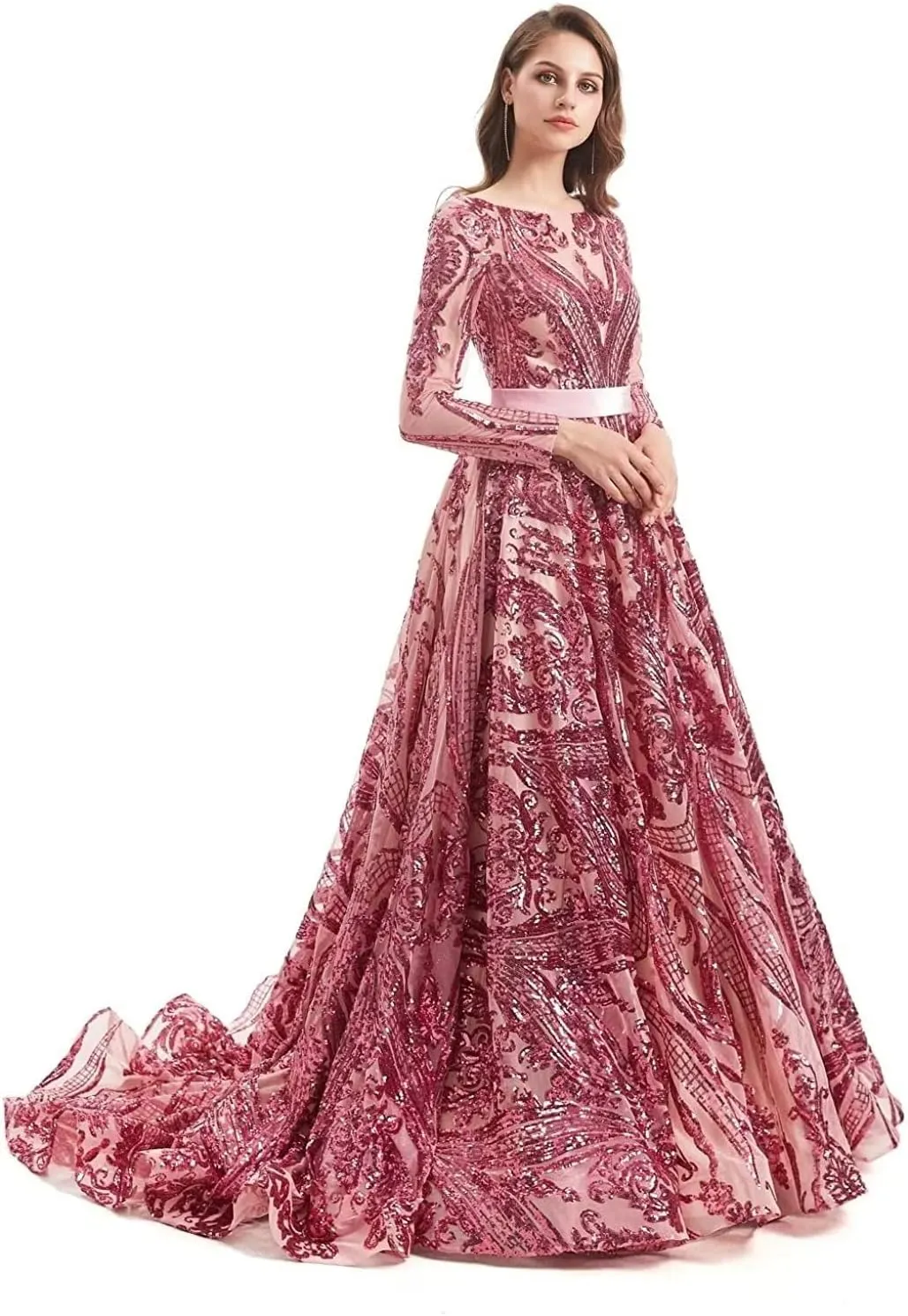 Women's Sequin Long Sleeves Formal Evening Dress Luxurious Chapel Train Prom Party Gowns