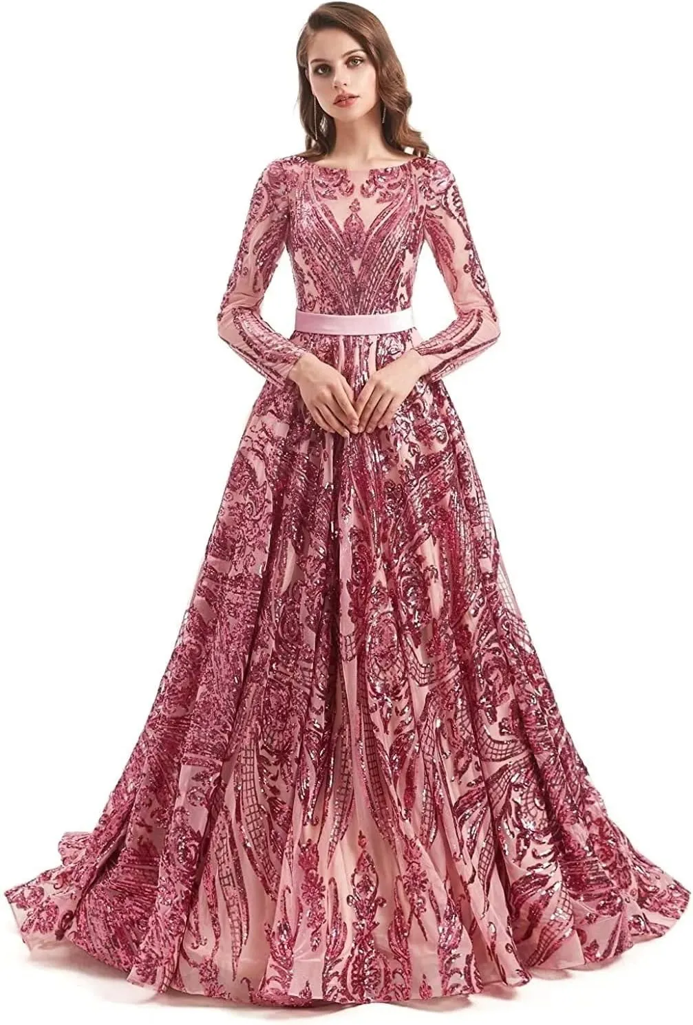 Women's Sequin Long Sleeves Formal Evening Dress Luxurious Chapel Train Prom Party Gowns