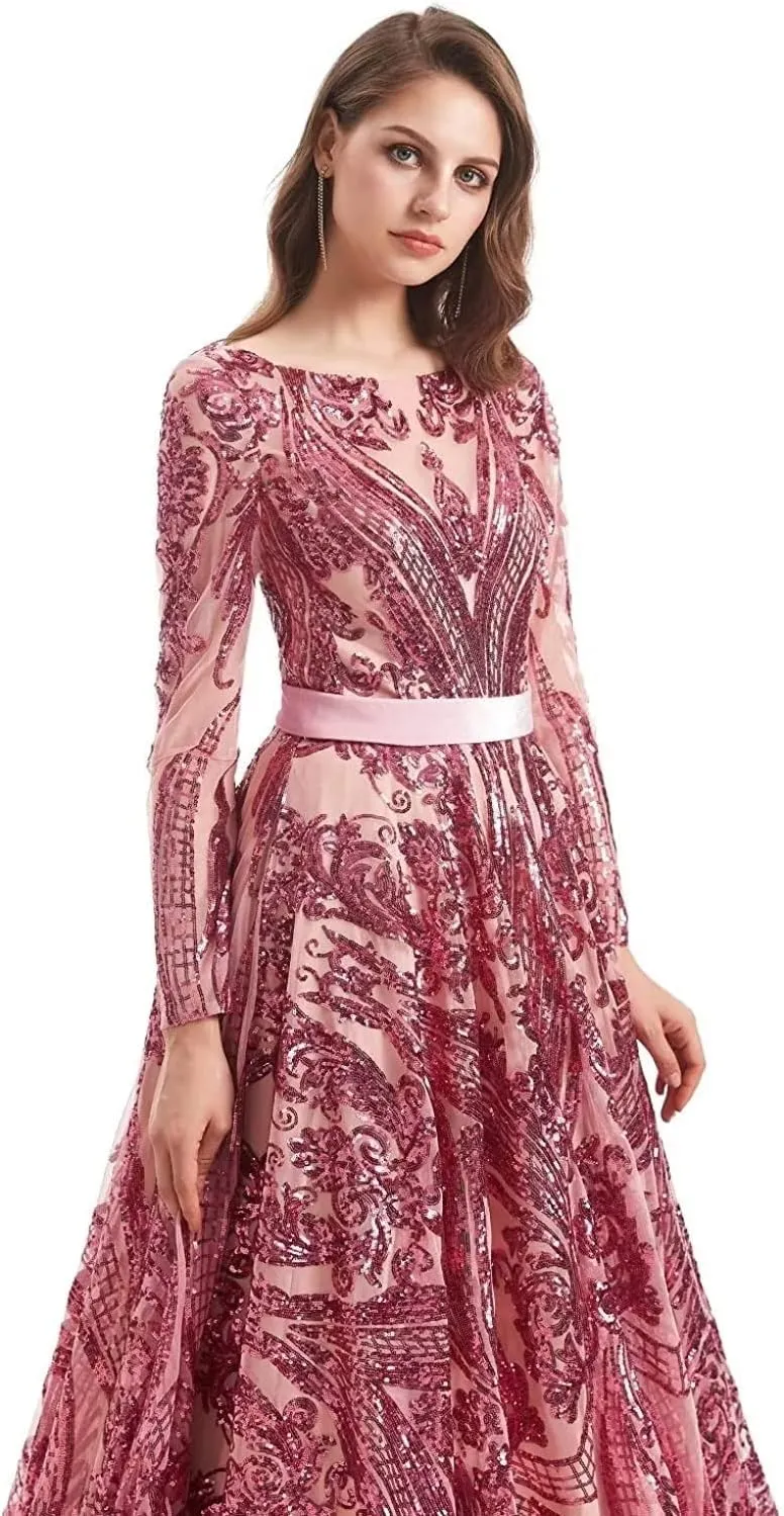 Women's Sequin Long Sleeves Formal Evening Dress Luxurious Chapel Train Prom Party Gowns