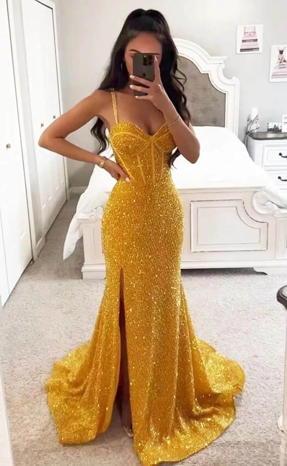 Women's Sequin Mermaid Prom Dresses Long with Slit Spaghetti Straps Formal Party Dresses XOD011