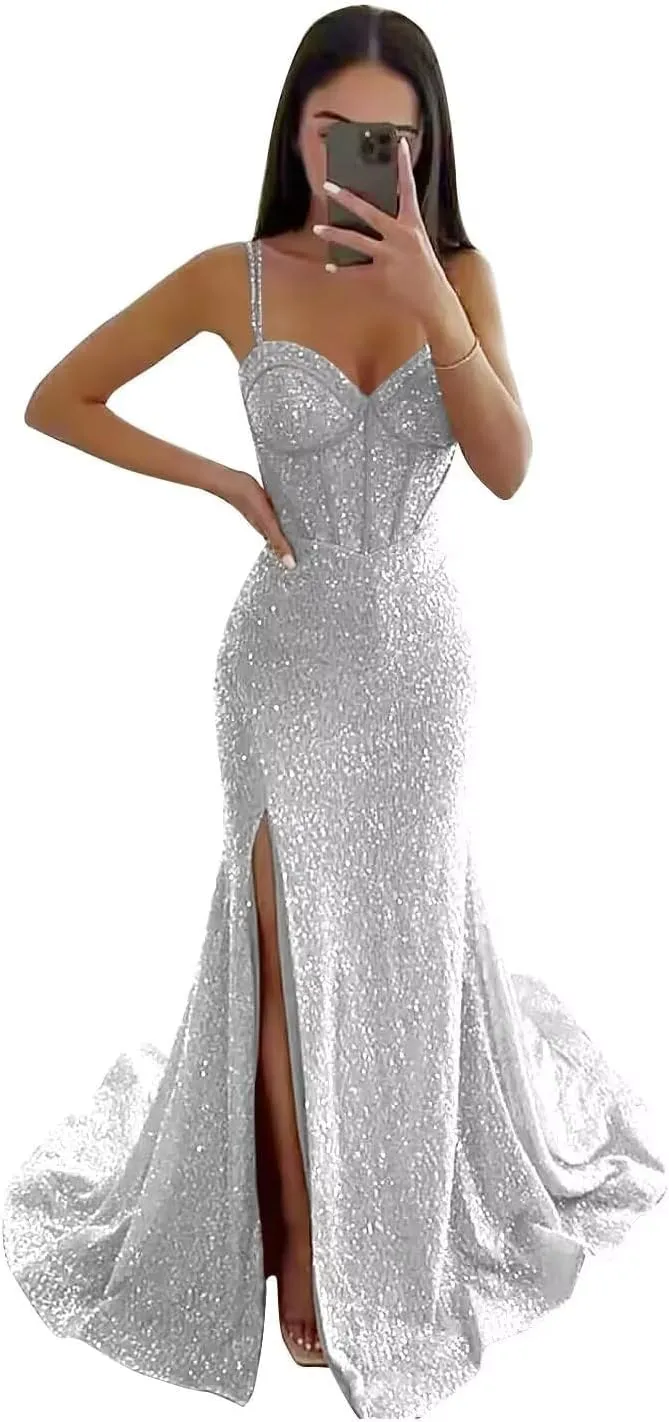 Women's Sequin Mermaid Prom Dresses Long with Slit Spaghetti Straps Formal Party Dresses XOD011