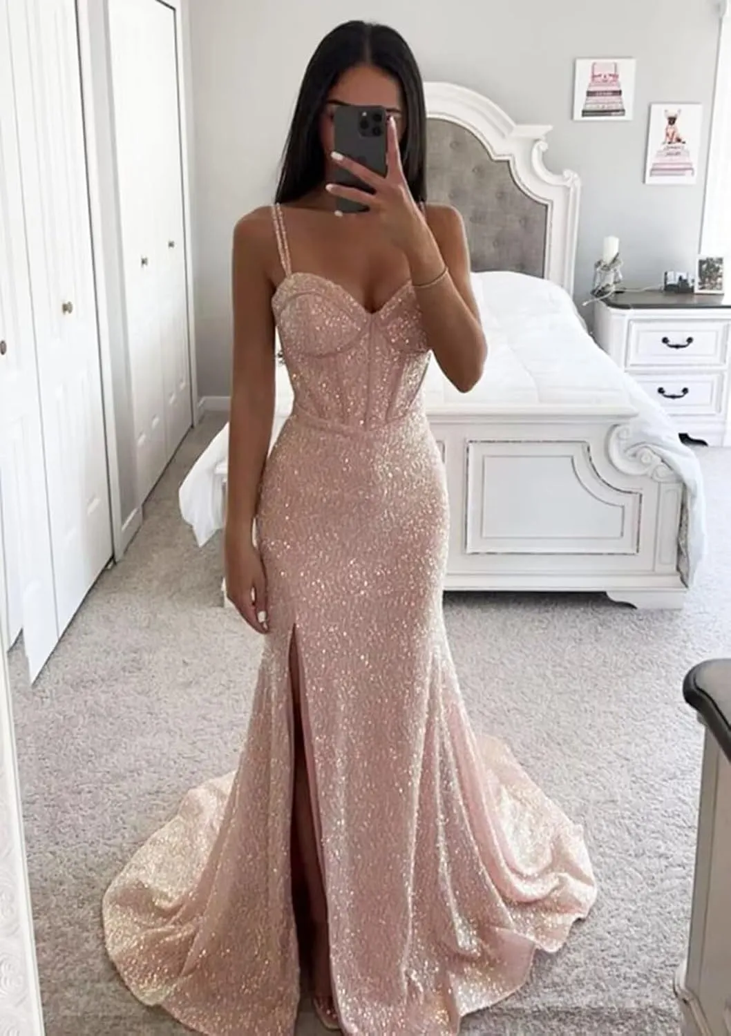 Women's Sequin Mermaid Prom Dresses Long with Slit Spaghetti Straps Formal Party Dresses XOD011