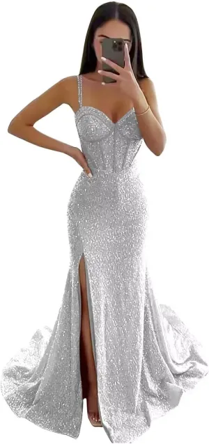 Women's Sequin Mermaid Prom Dresses Long with Slit Spaghetti Straps Formal Party Dresses XOD011