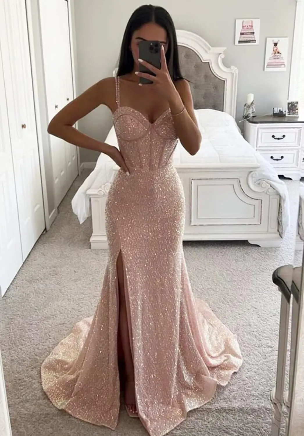 Women's Sequin Mermaid Prom Dresses Long with Slit Spaghetti Straps Formal Party Dresses XOD011