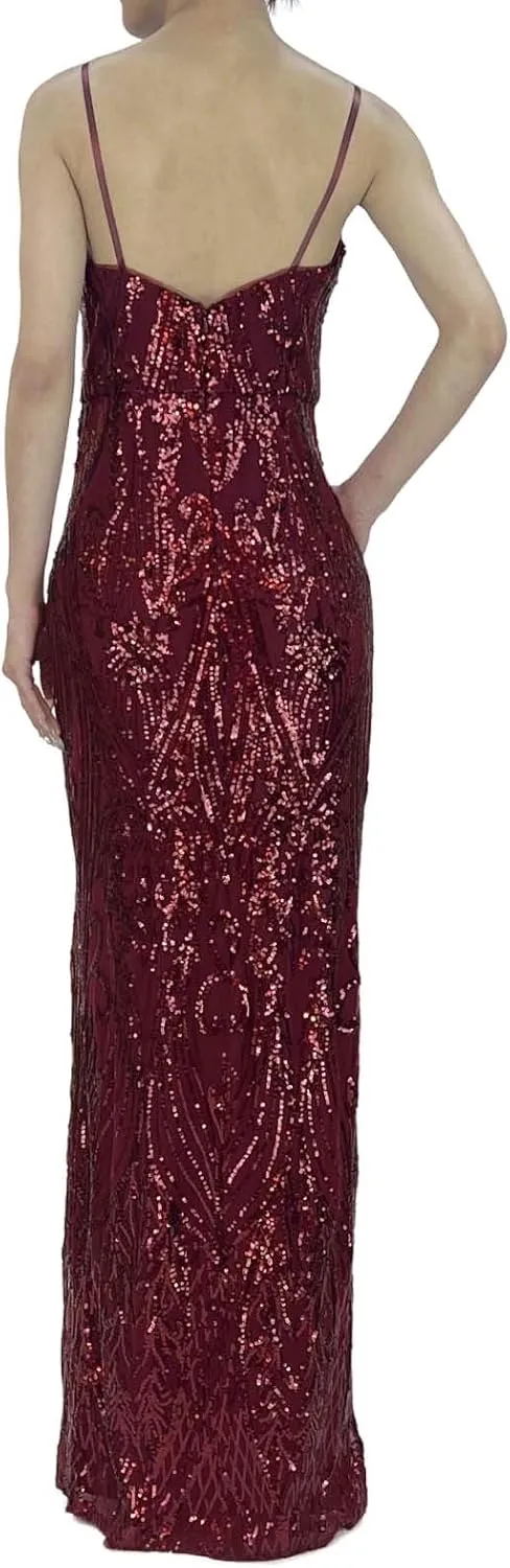 Women's Sequin Spaghetti Straps V Neck Sleeveless Sparkly Glitter Slit A Line Cocktail Party Club Long Evening Gown