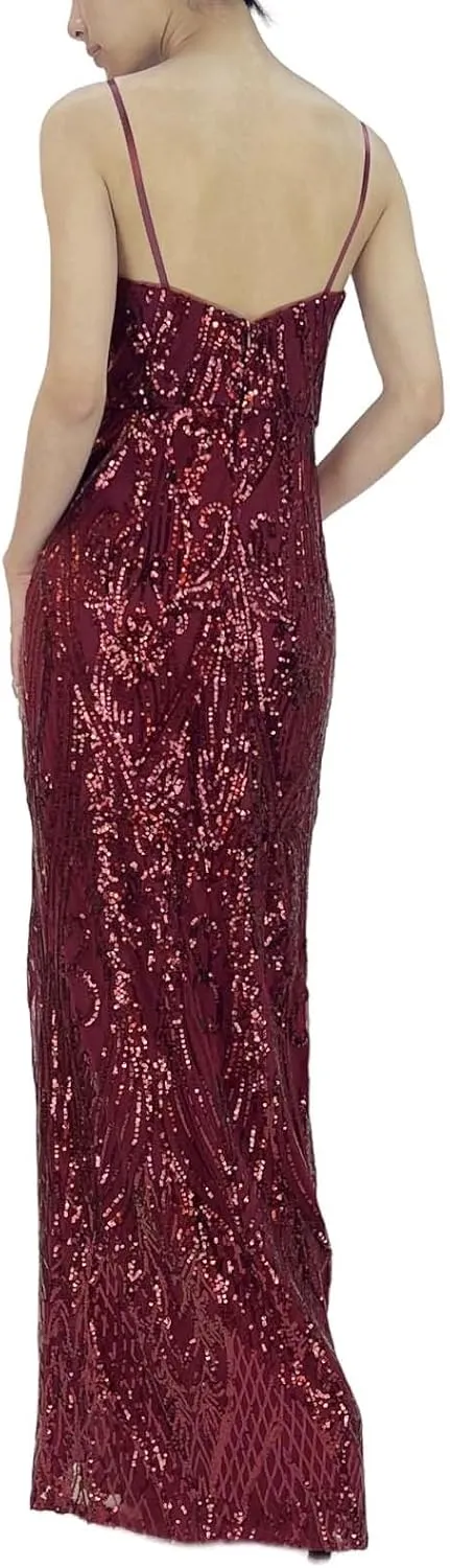 Women's Sequin Spaghetti Straps V Neck Sleeveless Sparkly Glitter Slit A Line Cocktail Party Club Long Evening Gown
