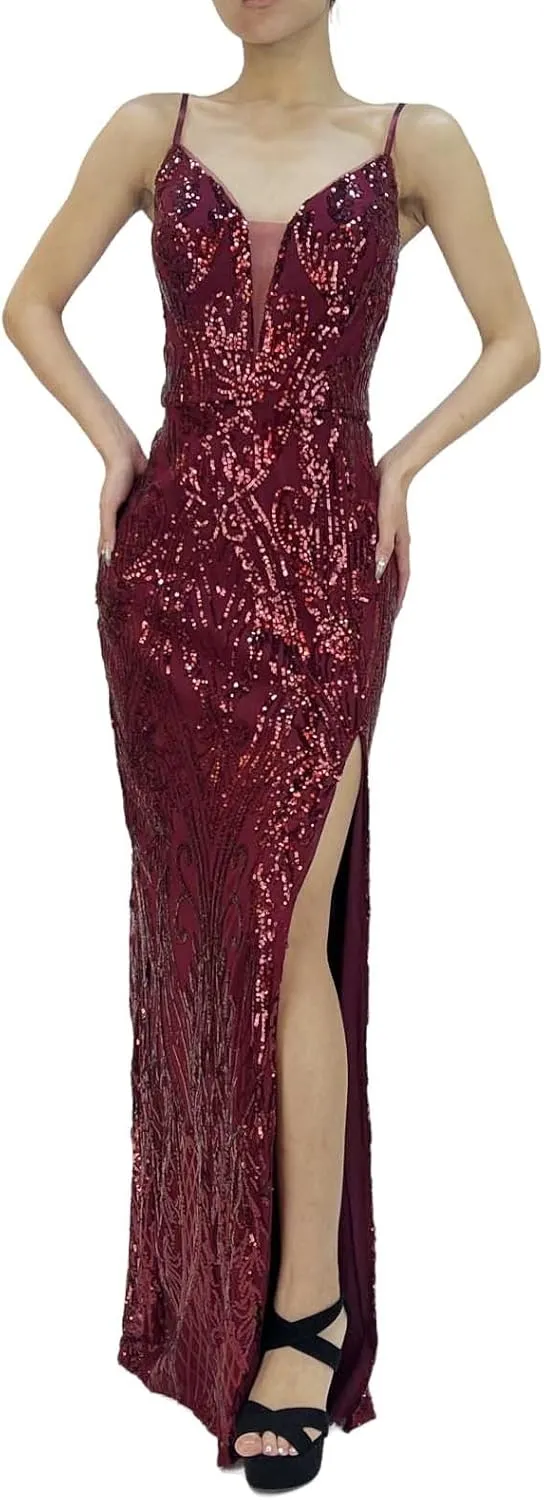 Women's Sequin Spaghetti Straps V Neck Sleeveless Sparkly Glitter Slit A Line Cocktail Party Club Long Evening Gown
