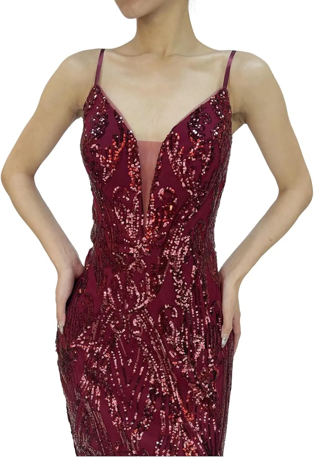 Women's Sequin Spaghetti Straps V Neck Sleeveless Sparkly Glitter Slit A Line Cocktail Party Club Long Evening Gown