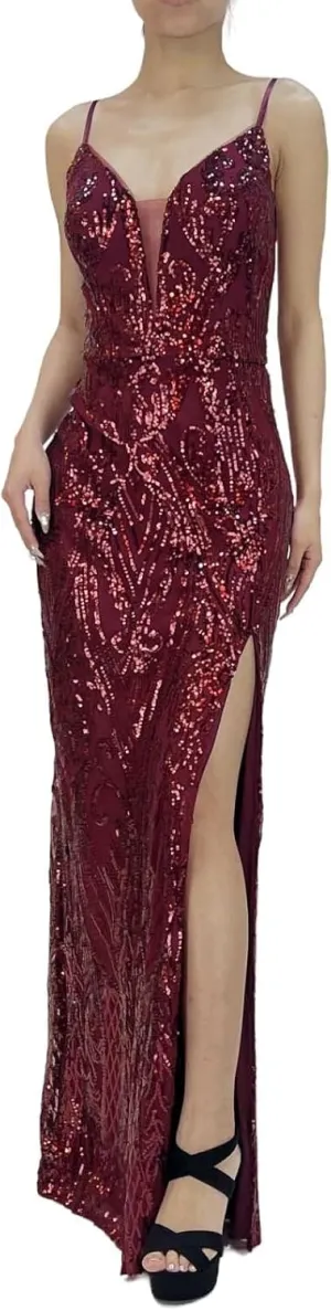 Women's Sequin Spaghetti Straps V Neck Sleeveless Sparkly Glitter Slit A Line Cocktail Party Club Long Evening Gown