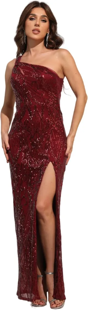 Women's Sequin Sparkly Glitter One Shoulder Slit A line Sleeveless Party Club Cocktail Long Evening Gown (US, Numeric, 2, Regular, Regular, Red)