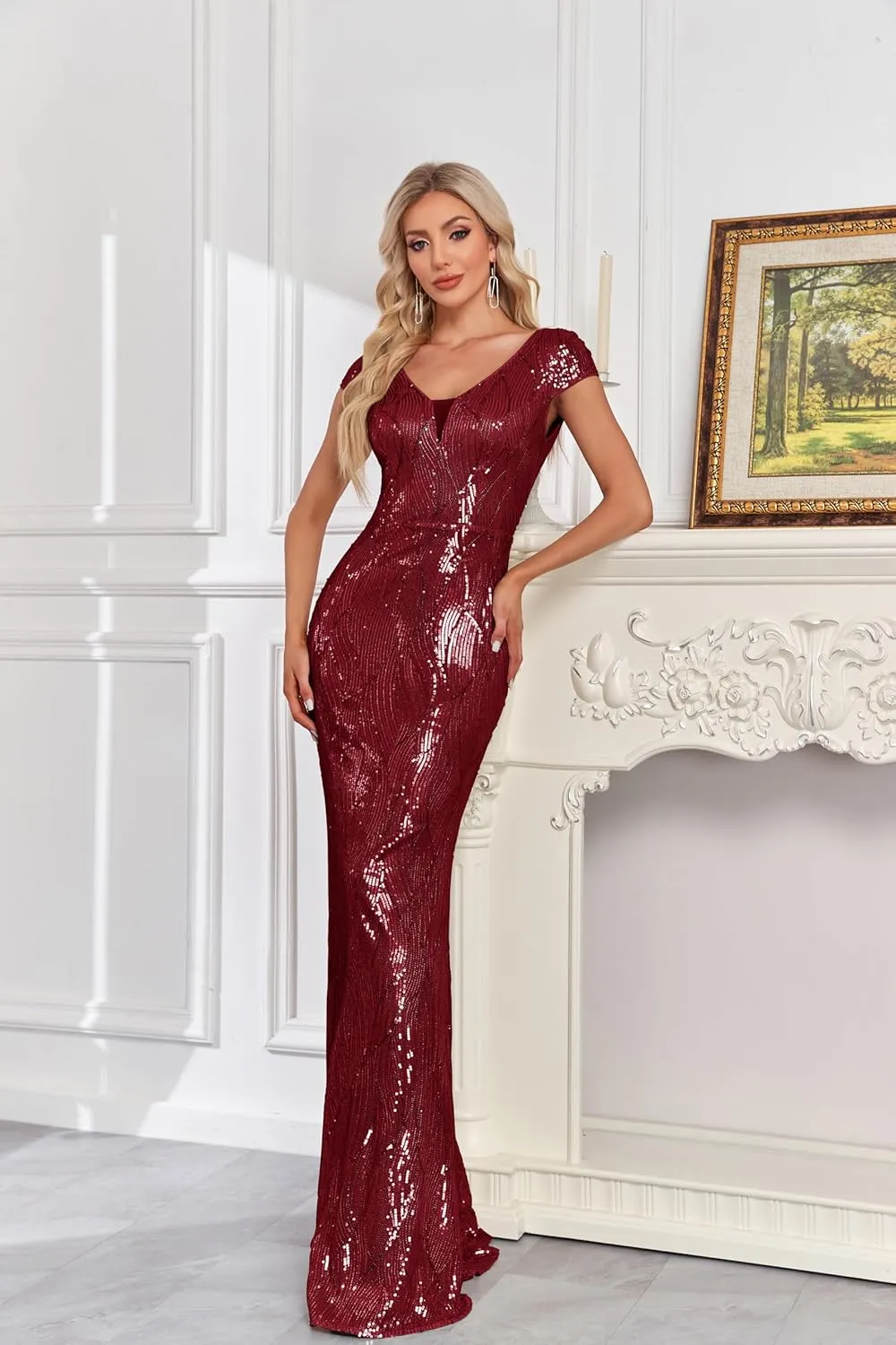 Womens Sequined Short Sleeves Long Formal Dress with V-Neck for Evening Event Nightout Club Gown Silver Paillette