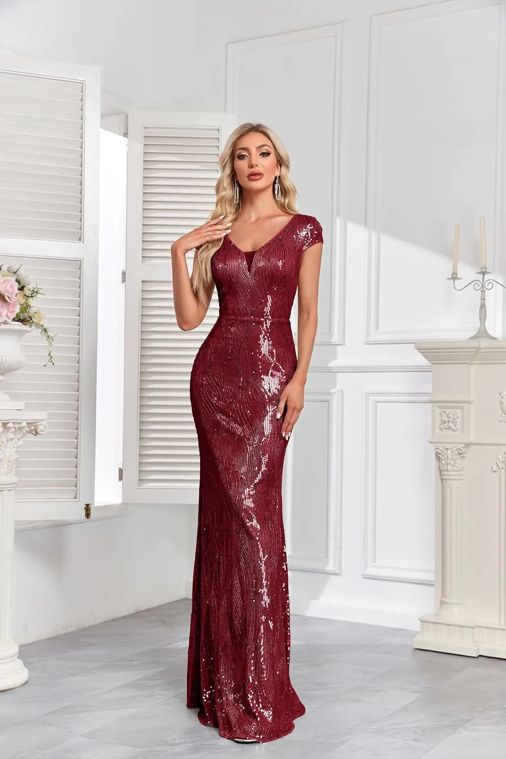 Womens Sequined Short Sleeves Long Formal Dress with V-Neck for Evening Event Nightout Club Gown Silver Paillette
