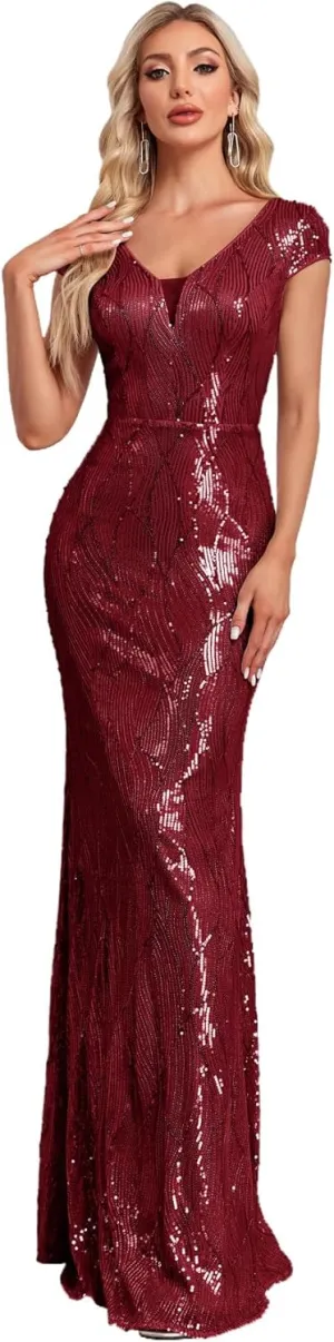 Womens Sequined Short Sleeves Long Formal Dress with V-Neck for Evening Event Nightout Club Gown Silver Paillette