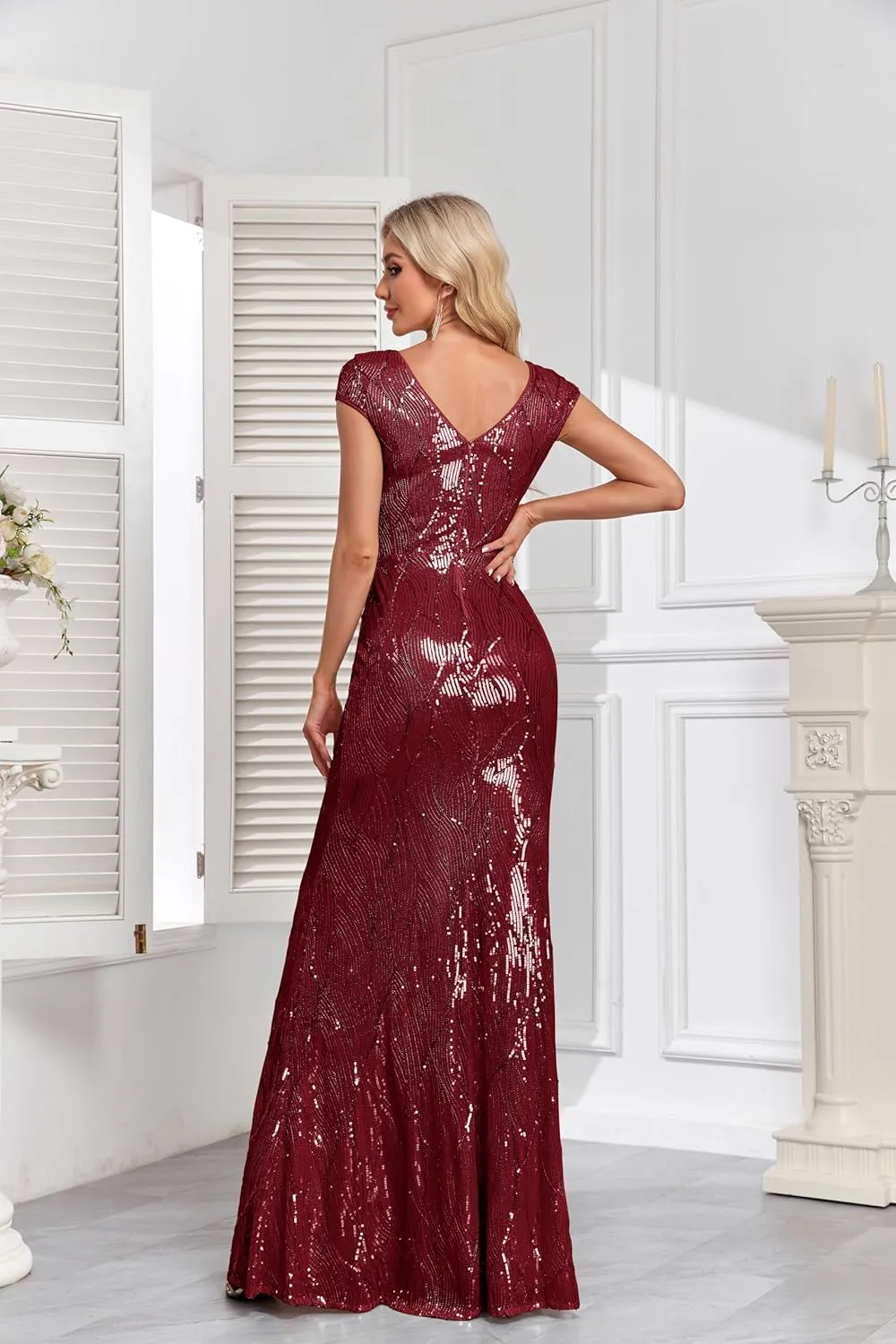 Womens Sequined Short Sleeves Long Formal Dress with V-Neck for Evening Event Nightout Club Gown Silver Paillette