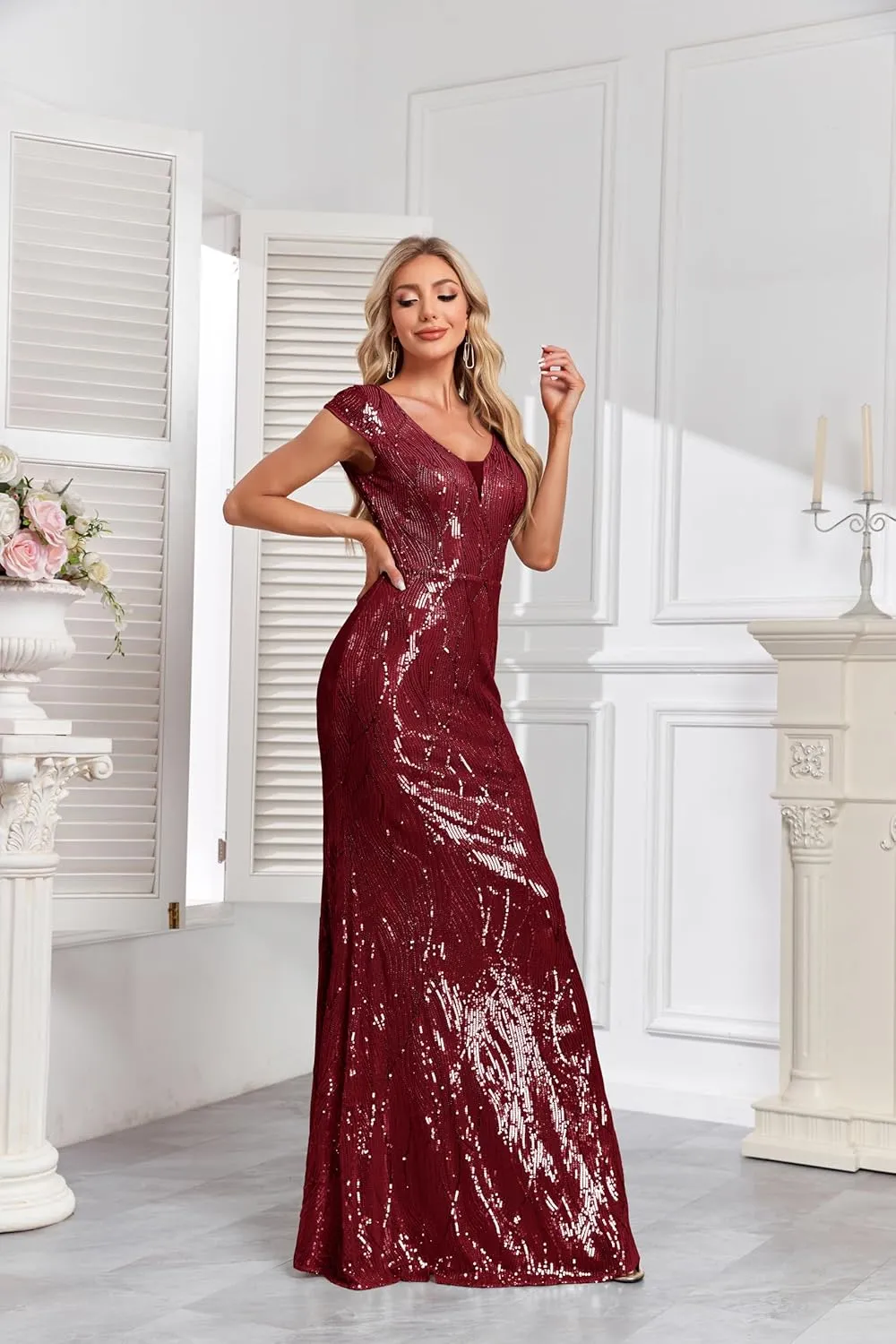 Womens Sequined Short Sleeves Long Formal Dress with V-Neck for Evening Event Nightout Club Gown Silver Paillette