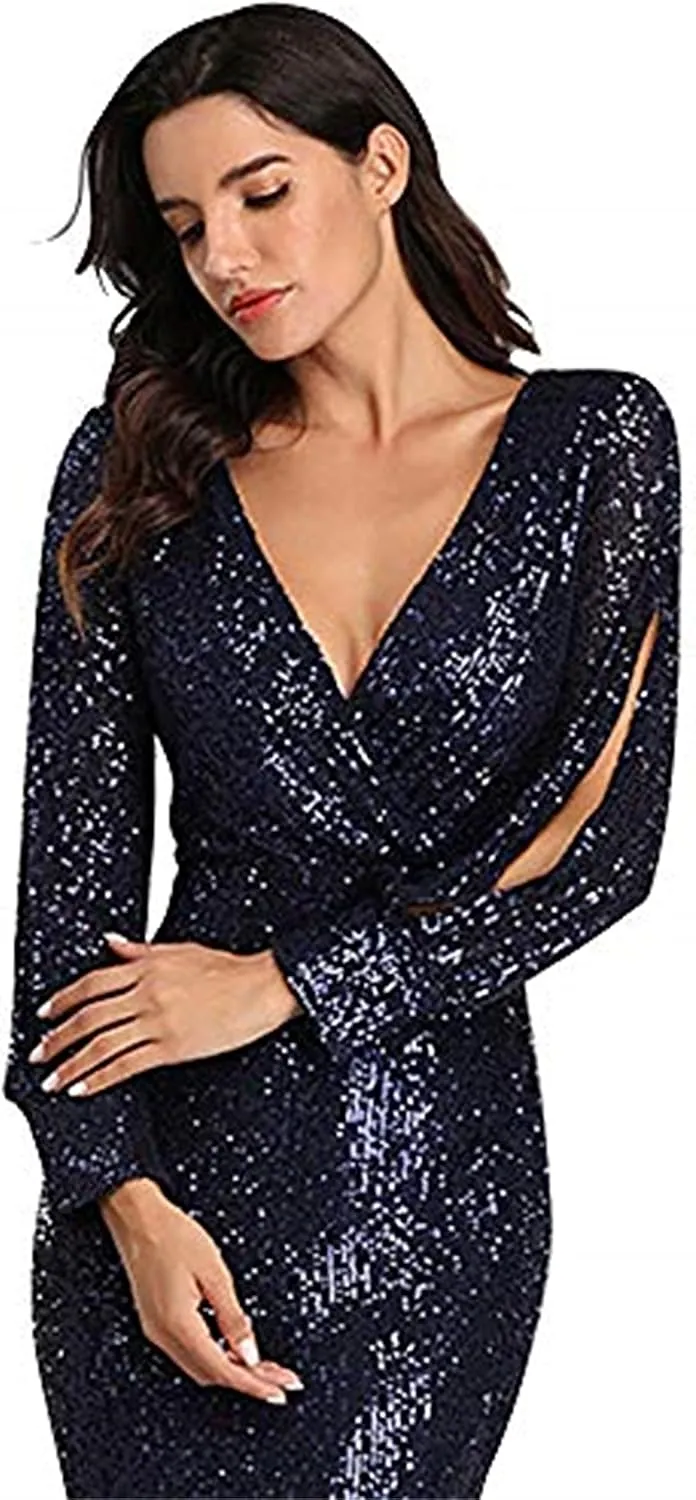 Women's Shinny Sequin Mermaid Evening Dress Sleeve Prom Gown