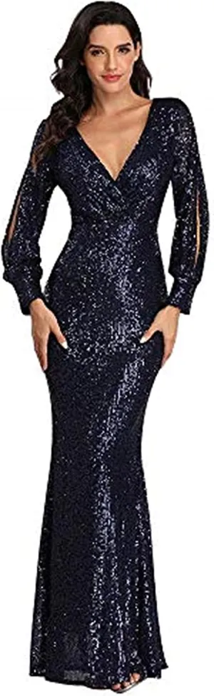 Women's Shinny Sequin Mermaid Evening Dress Sleeve Prom Gown