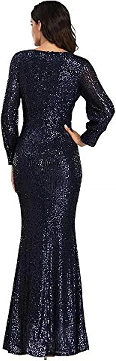 Women's Shinny Sequin Mermaid Evening Dress Sleeve Prom Gown
