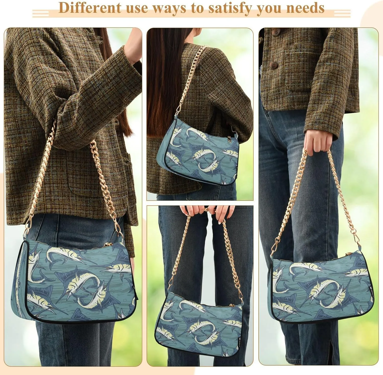 Womens Shoulder Bag for Women Girls Hobo Tote Handbag Gold Chain Crossbody Bag with Zipper Clutch Purse Handbags