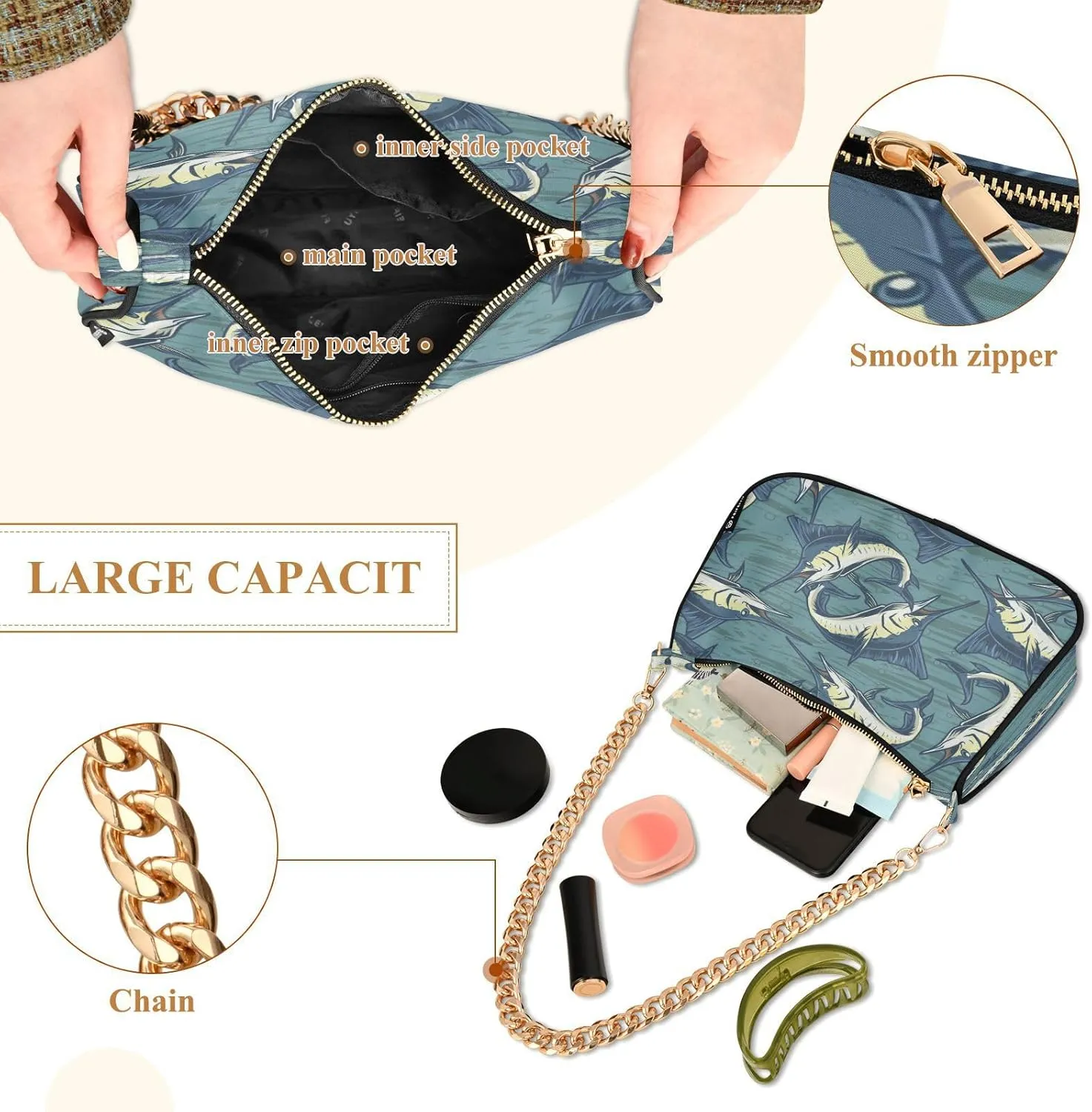 Womens Shoulder Bag for Women Girls Hobo Tote Handbag Gold Chain Crossbody Bag with Zipper Clutch Purse Handbags
