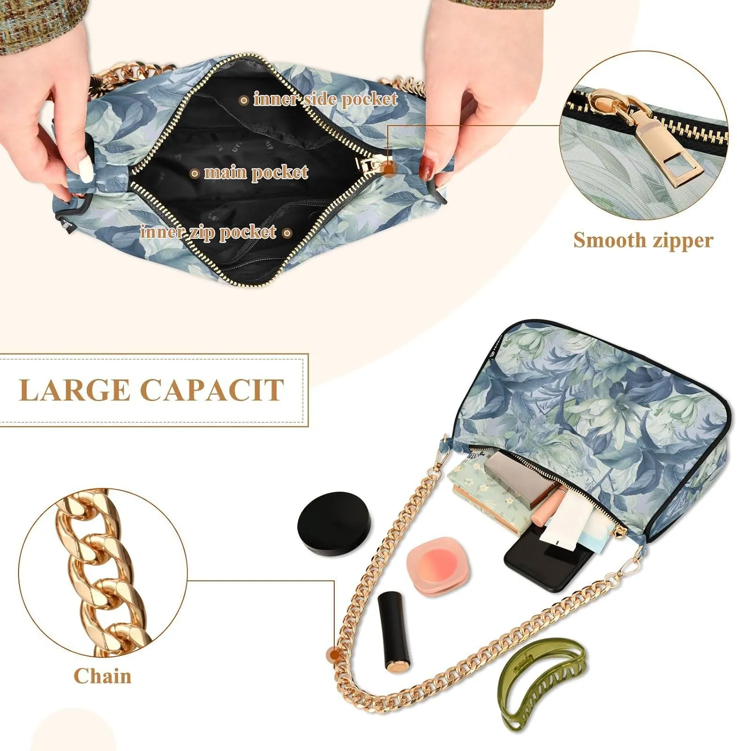 Women's Shoulder Handbags Chain Shoulder Brace for Women Bag Flowers Print Ladies Vacation Handbags Tote Purse,Multi1